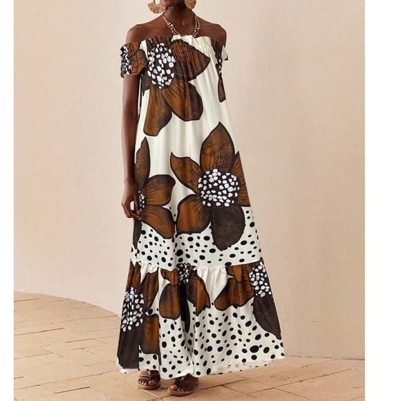 Boho Floral Print Off Shoulder Ruffle Hem Maxi Dress - Picture 4 of 4